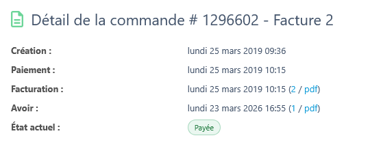 Détail de la commande affichant les informations de création, paiement, facturation et la ligne Avoir avec le lien vers le PDF