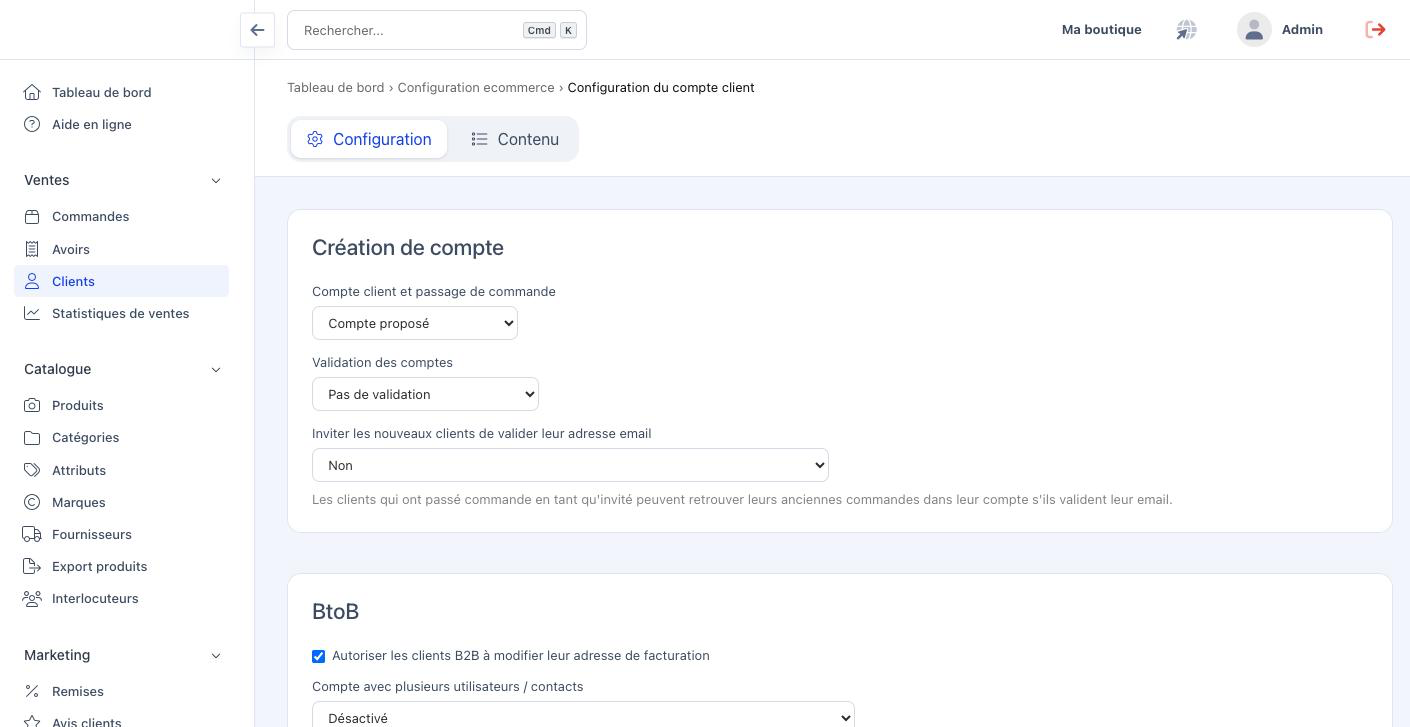 Onglet Configuration de l'écran Configuration du compte client, avec le bloc Création de compte