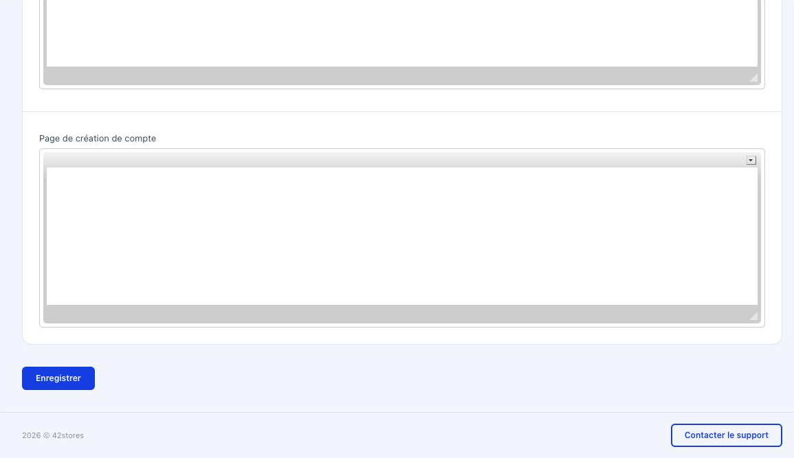 Suite de l'onglet Contenu, éditeur de la page de création de compte et bouton Enregistrer