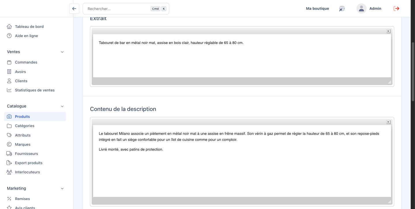 L'onglet Description, avec les éditeurs Extrait et Contenu de la description