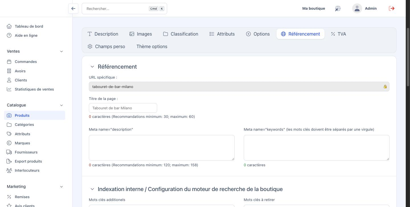 L'onglet Référencement, avec l'URL spécifique, le titre de la page et les métadonnées