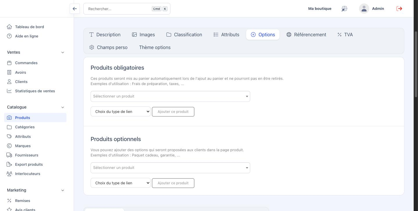L'onglet Options, avec les blocs Produits obligatoires et Produits optionnels