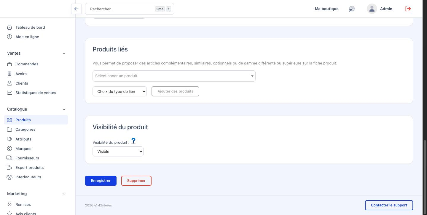 Le bloc Visibilité du produit, avec sa liste déroulante