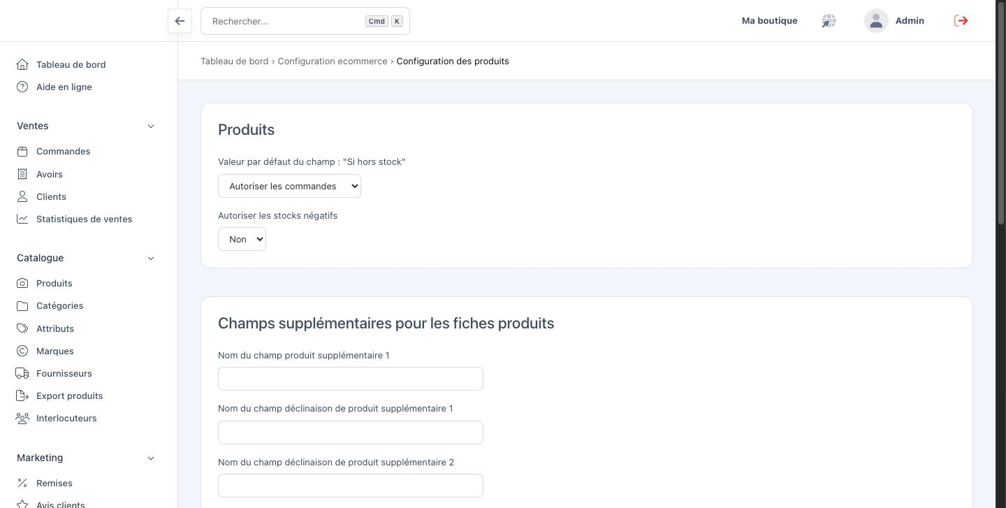 L'écran Configuration des produits, avec la valeur par défaut du champ Si hors stock