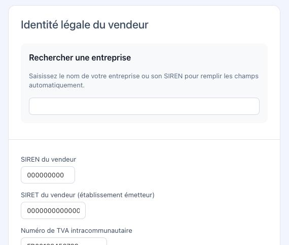 Le bloc Identité légale du vendeur, avec la recherche d'entreprise et les champs SIREN, SIRET et numéro de TVA