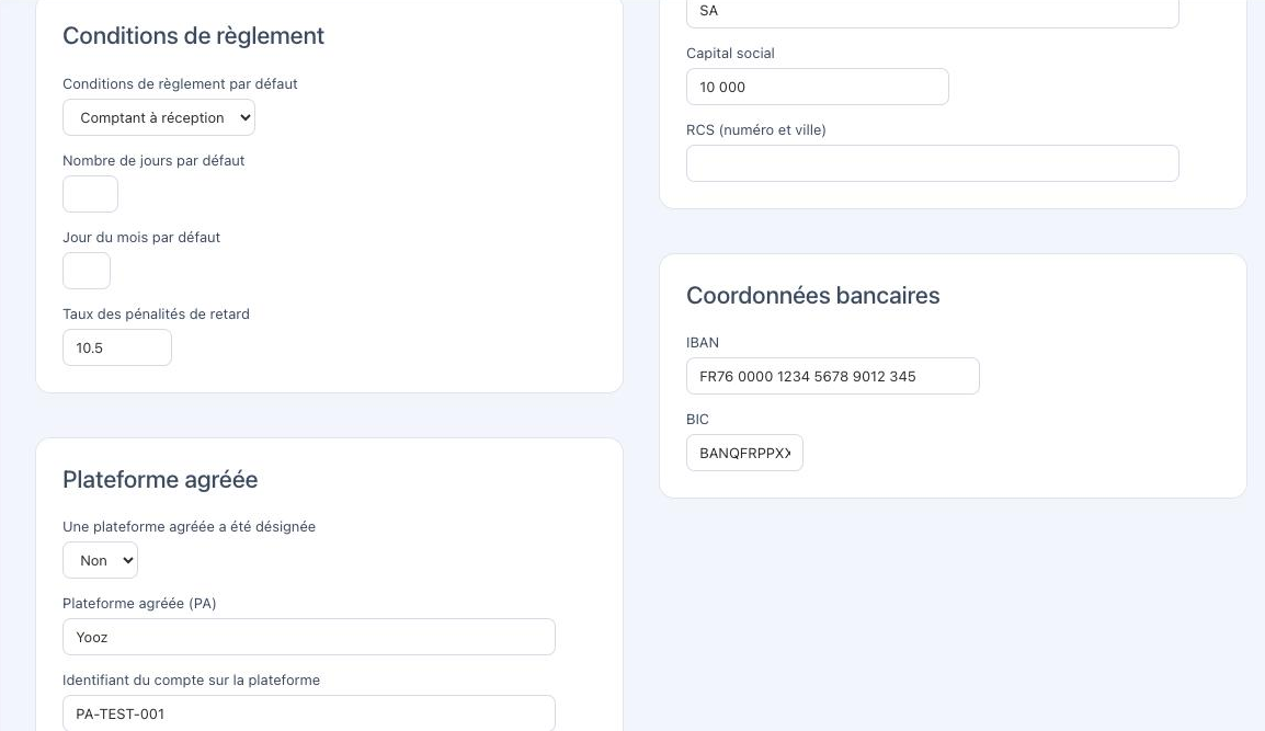 Les blocs Conditions de règlement et Coordonnées bancaires de l'onglet Facture électronique