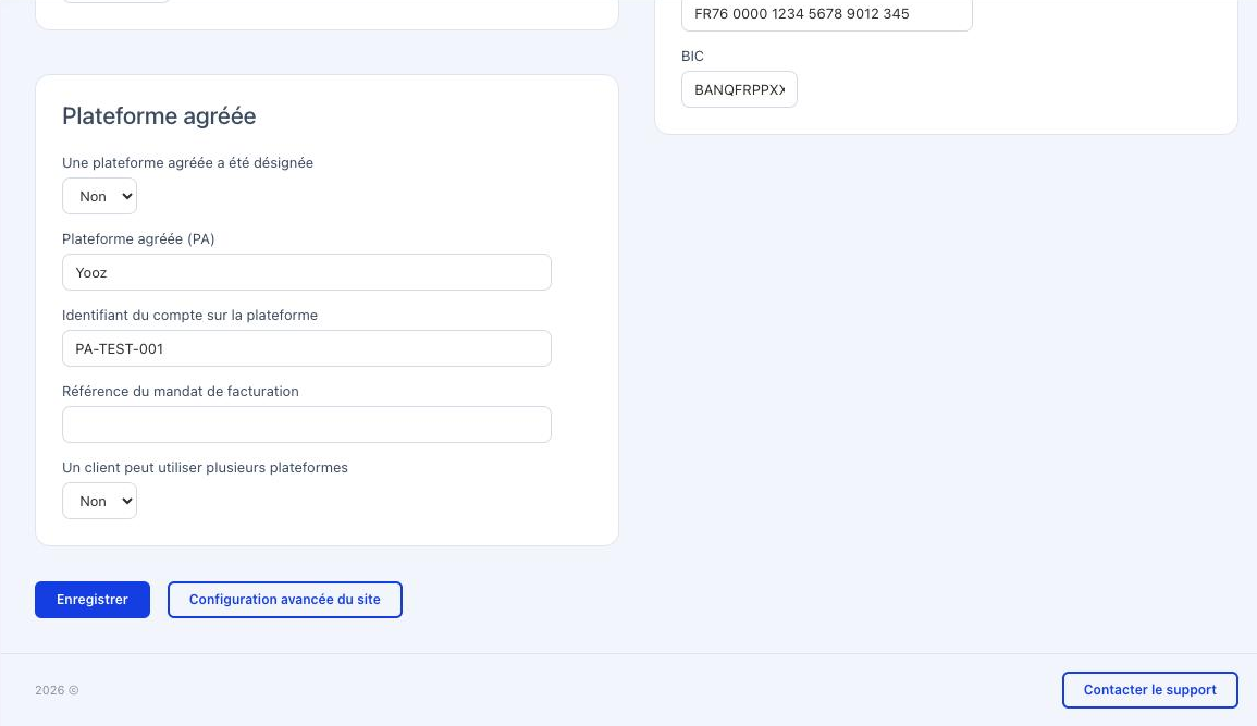 Le bloc Plateforme agréée, avec la question du haut, le nom de la plateforme et l'identifiant du compte