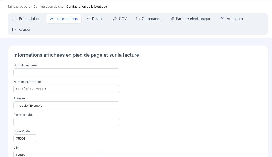 L'onglet Informations, avec les champs Nom de l'entreprise, Adresse, Code Postal et Ville