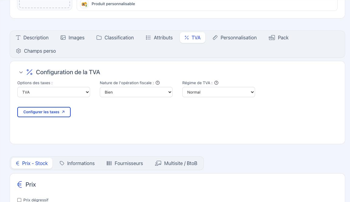 Le bloc Configuration de la TVA, avec les listes Options des taxes, Nature de l'opération fiscale et Régime de TVA