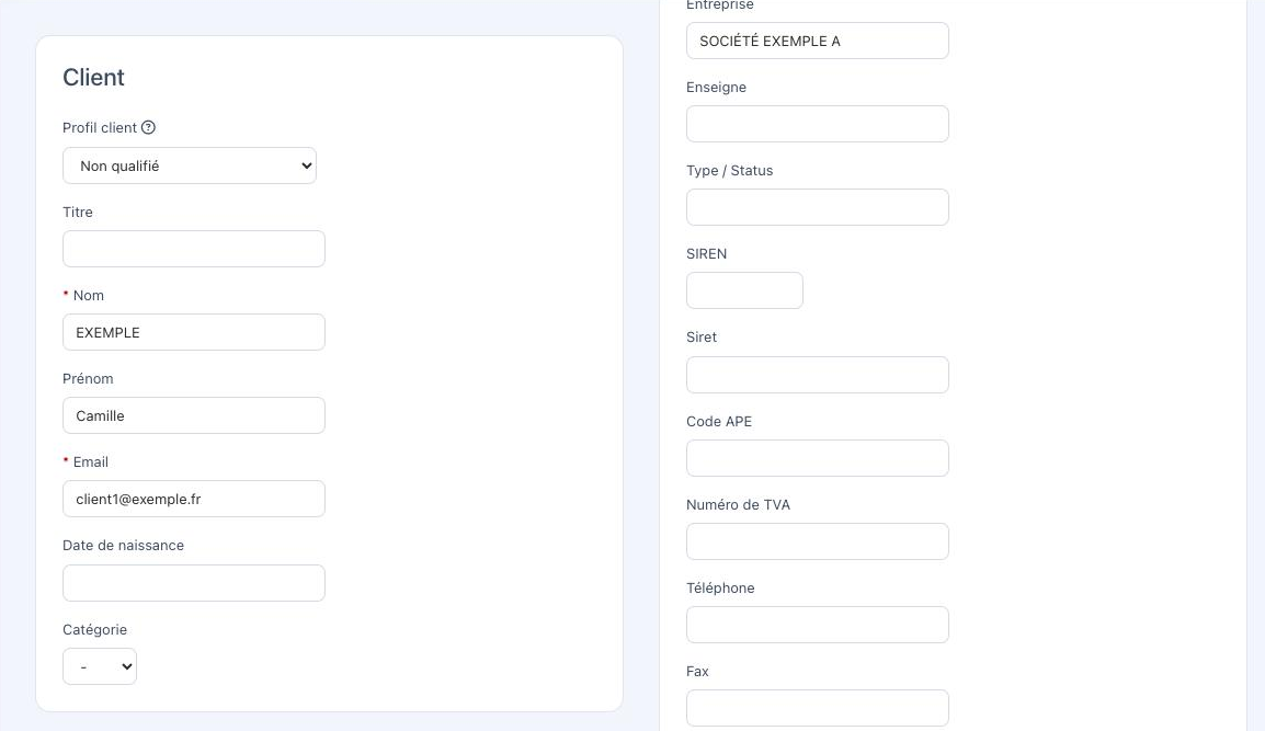 La fiche client, avec le Profil client à gauche et le bloc Entreprise à droite