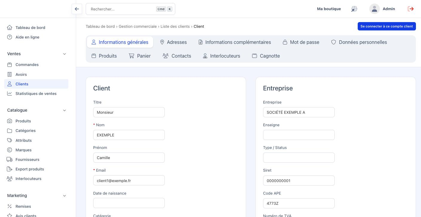 Onglet Informations générales de la fiche client, avec les blocs Client et Entreprise