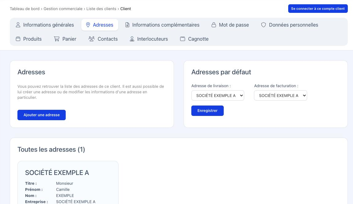 Onglet Adresses avec les adresses par défaut, le bouton Ajouter une adresse et la liste des adresses