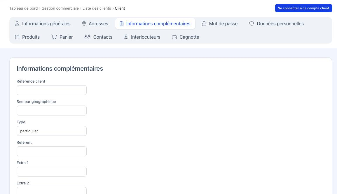 Onglet Informations complémentaires avec les champs Référence client, Secteur géographique, Type, Référent, Extra 1 et Extra 2