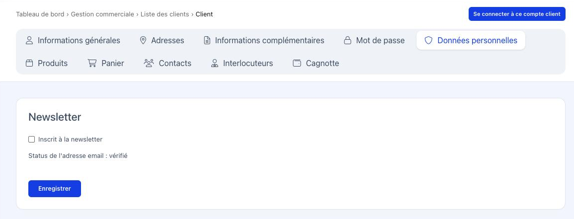 Onglet Données personnelles avec l'inscription à la newsletter et le statut de l'adresse email