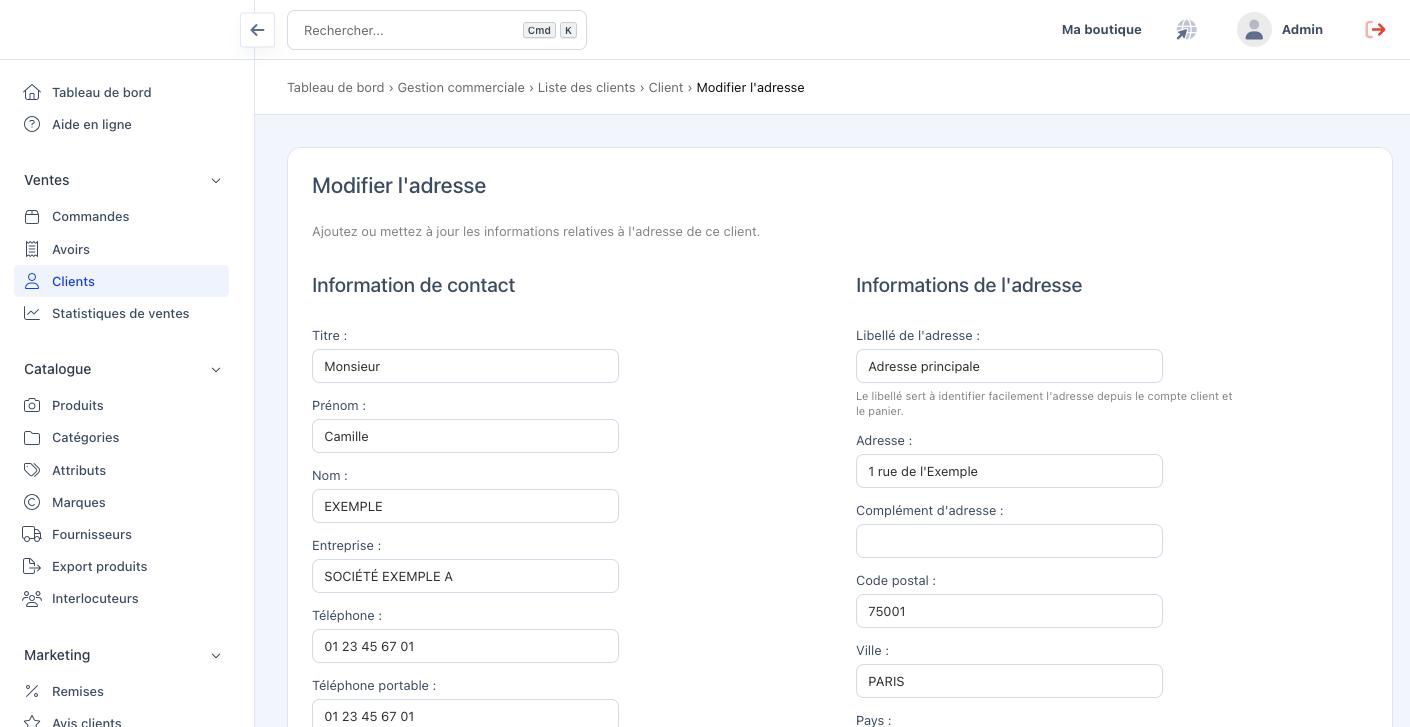 Formulaire Modifier l'adresse avec le bloc Information de contact et le bloc Informations de l'adresse