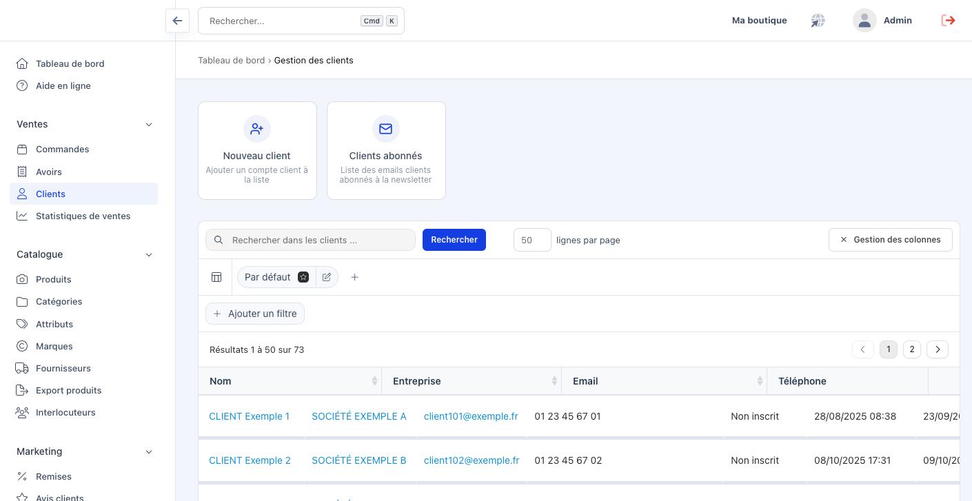L'écran Gestion des clients, avec ses tuiles, sa barre d'outils et le début du tableau