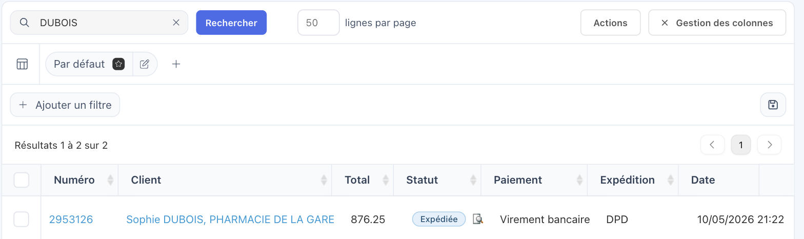 Une recherche par nom de client et son résultat