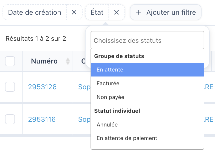 Le filtre État ouvert, groupes et statuts