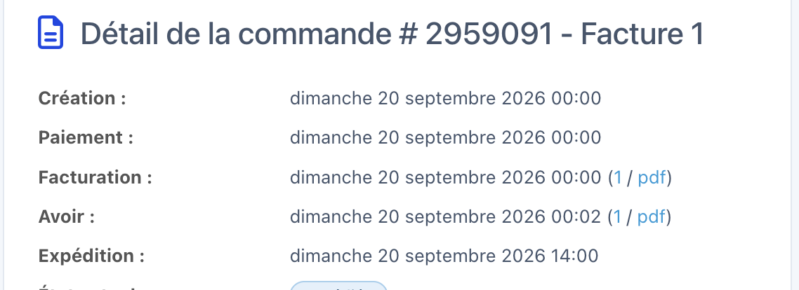 La ligne Facturation de la fiche commande, avec les liens numéro et pdf