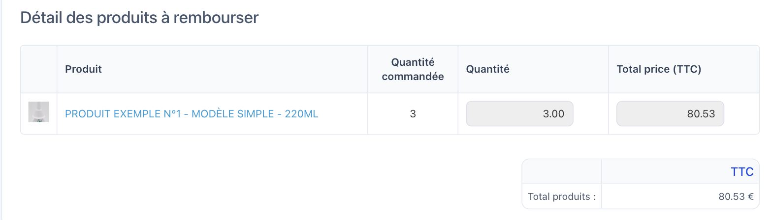L'écran Avoir partiel avec une quantité saisie