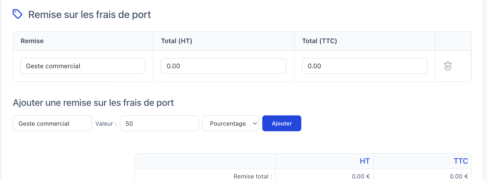 Le bloc Remise sur les frais de port avec une remise ajoutée