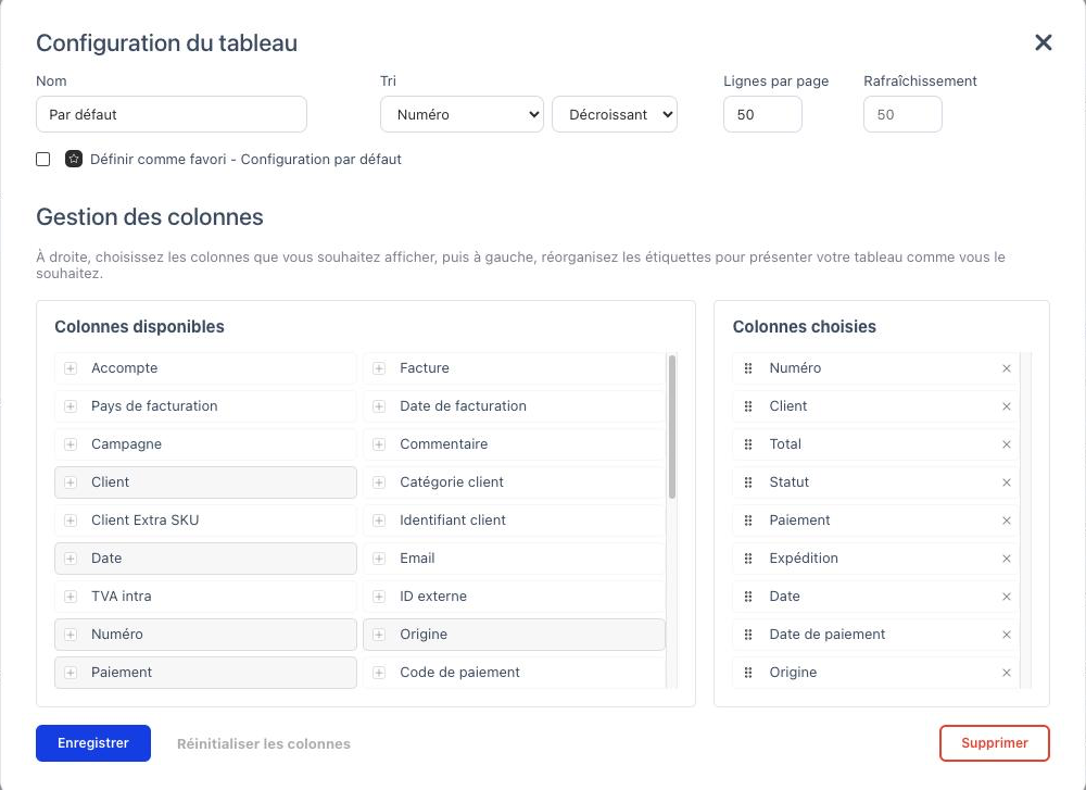 La fenêtre Configuration du tableau