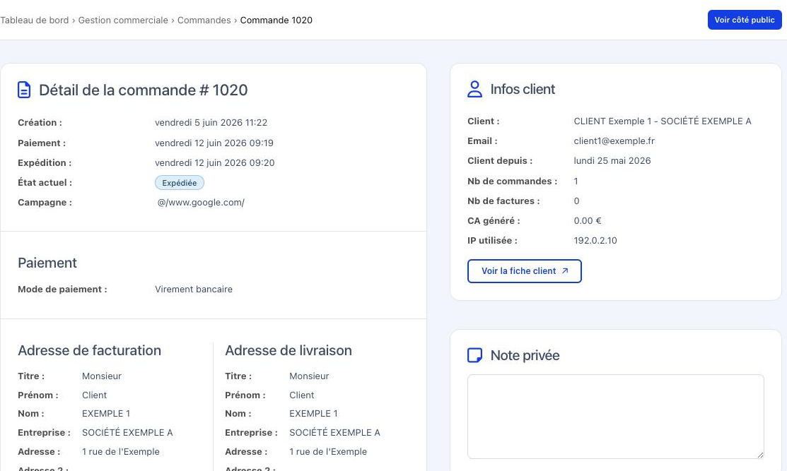 Le haut de la fiche commande