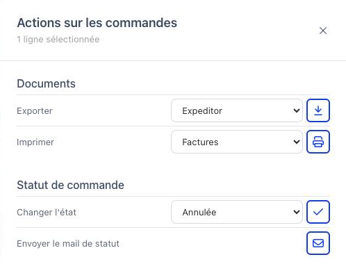 Le panneau Actions sur les commandes