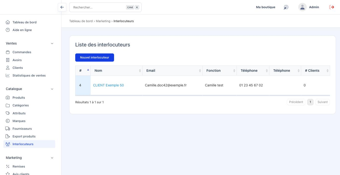 Écran Liste des interlocuteurs, avec le bouton Nouvel interlocuteur et le tableau des interlocuteurs