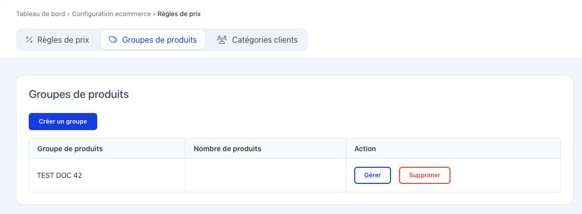 L'onglet Groupes de produits, avec le bouton de création et le tableau des groupes